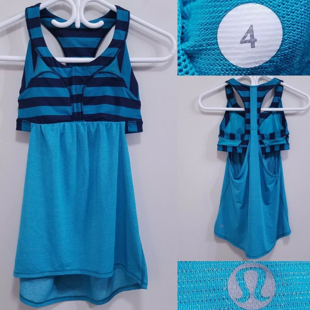 Lululemon 2-In-Run Tank  4 XS Micro Macro Stripe Surge Racerback Shirt Top Teal